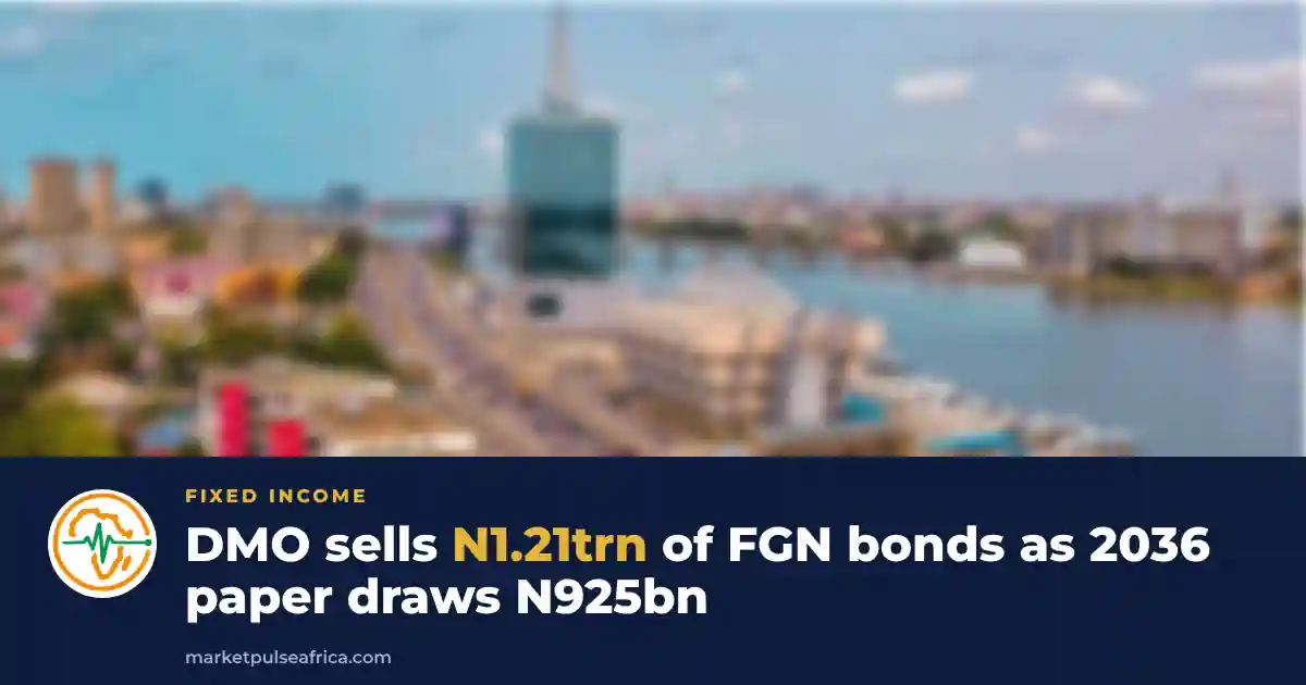 Aerial view of office towers and the lagoon in Lekki, Lagos, above a navy band with the Market Pulse Africa logo