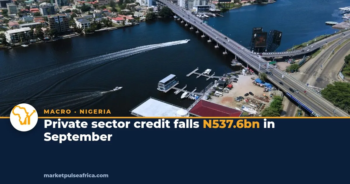 Aerial view of Victoria Island, Lagos, with boats on the lagoon above a navy band carrying the headline private sector credit falls N537.6bn