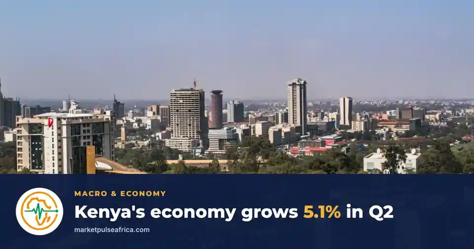 Nairobi skyline on a sunny day above a navy band with the Market Pulse Africa logo and the headline Kenya's economy grows 5.1% in Q2