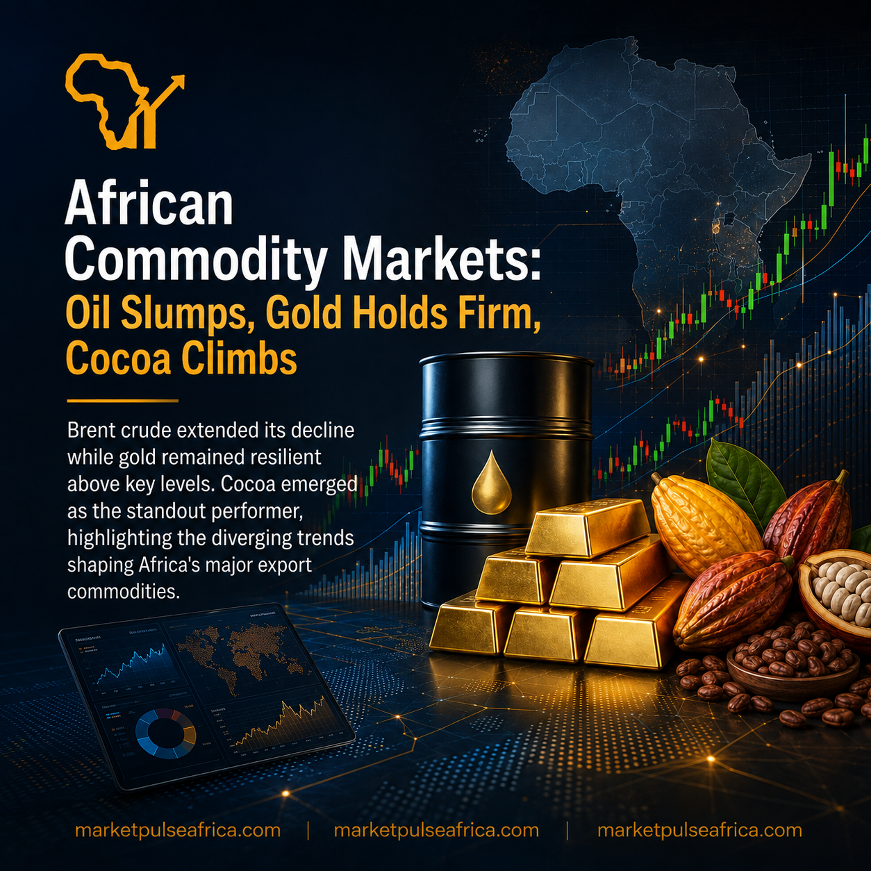 A financial illustration featuring a Brent crude oil barrel, gold bars and cocoa pods with digital commodity price charts representing African export markets.