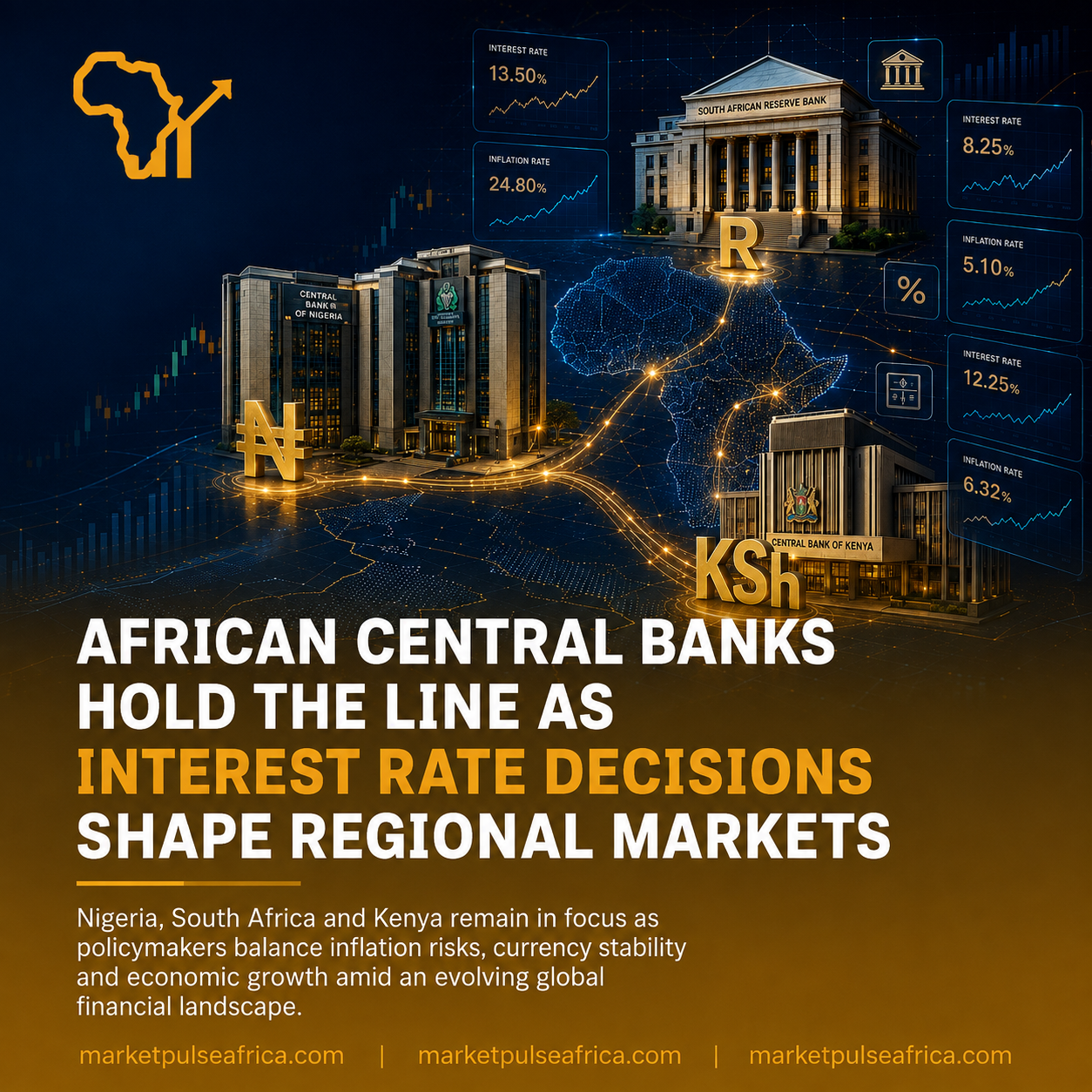 A financial illustration showing central banking, interest rate charts and inflation data representing monetary policy across Nigeria, South Africa and Kenya.