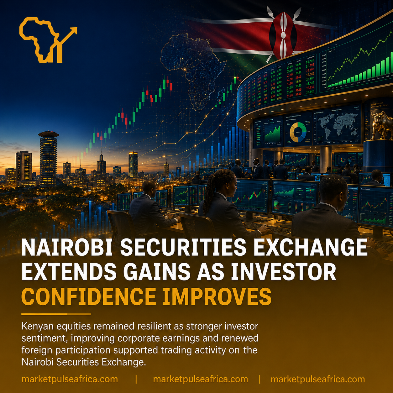 A financial illustration showing the Nairobi Securities Exchange with stock market charts, digital trading dashboards and the Nairobi skyline representing Kenya's capital markets.