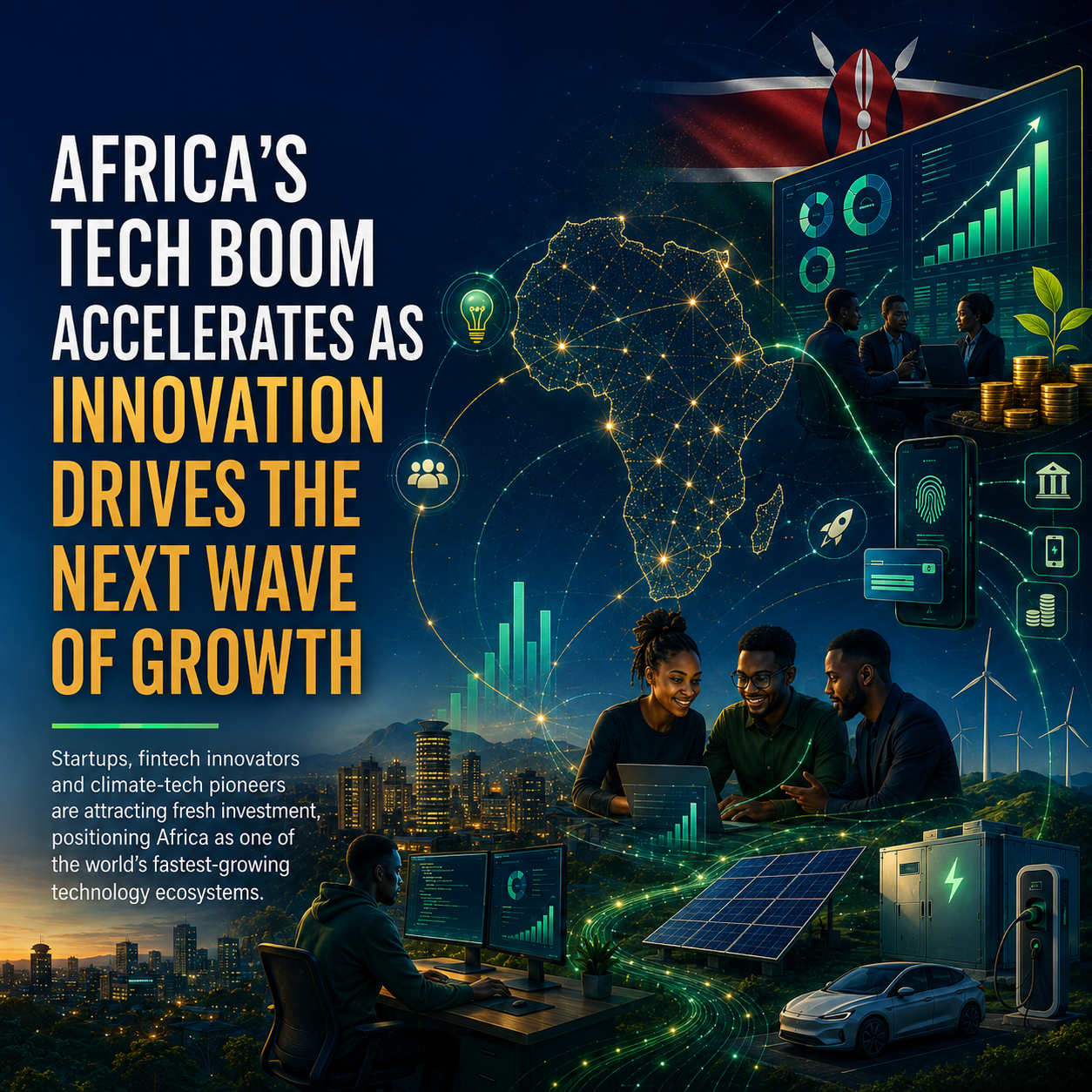 A financial illustration showing African startups, venture capital investment charts, fintech technology and climate innovation across the continent.