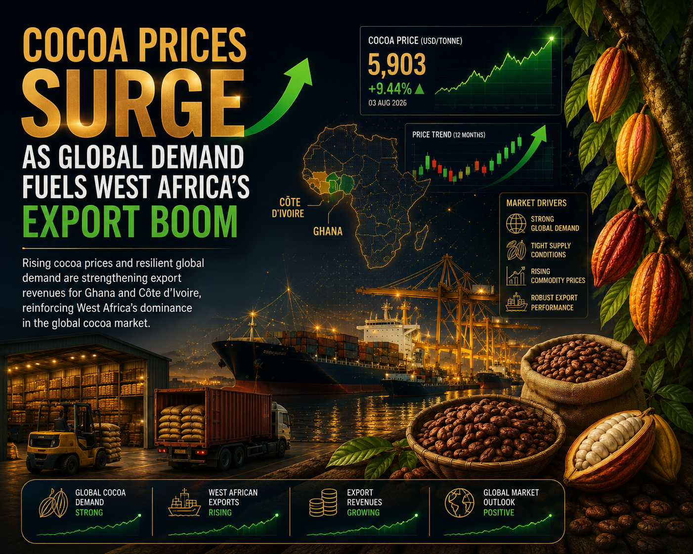 A financial illustration showing cocoa pods, cocoa beans, export logistics and commodity price charts representing West Africa's cocoa trade.