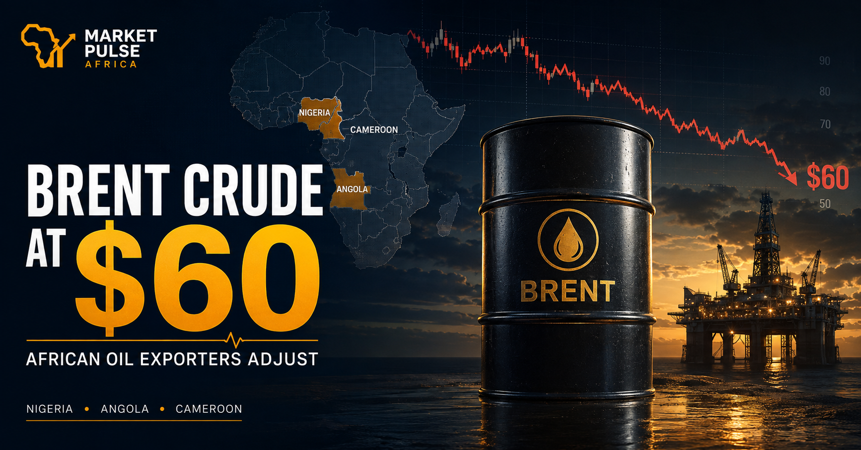 Brent crude oil barrel at $60 with an African energy market background, subtle map of Africa and financial charts, representing fiscal pressure on Nigeria, Angola and Cameroon as o