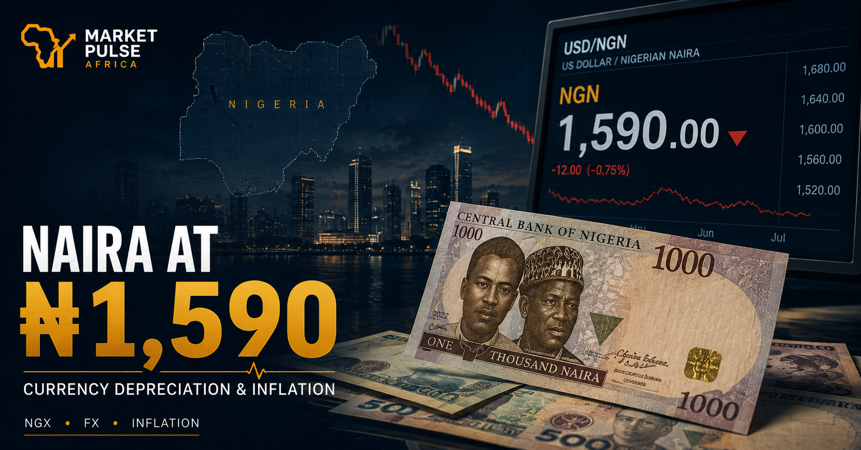 Nigerian naira banknotes with a foreign-exchange trading screen showing the naira at ₦1,590 per dollar, against a dark Nigerian financial-market background with MarketPulse Africa
