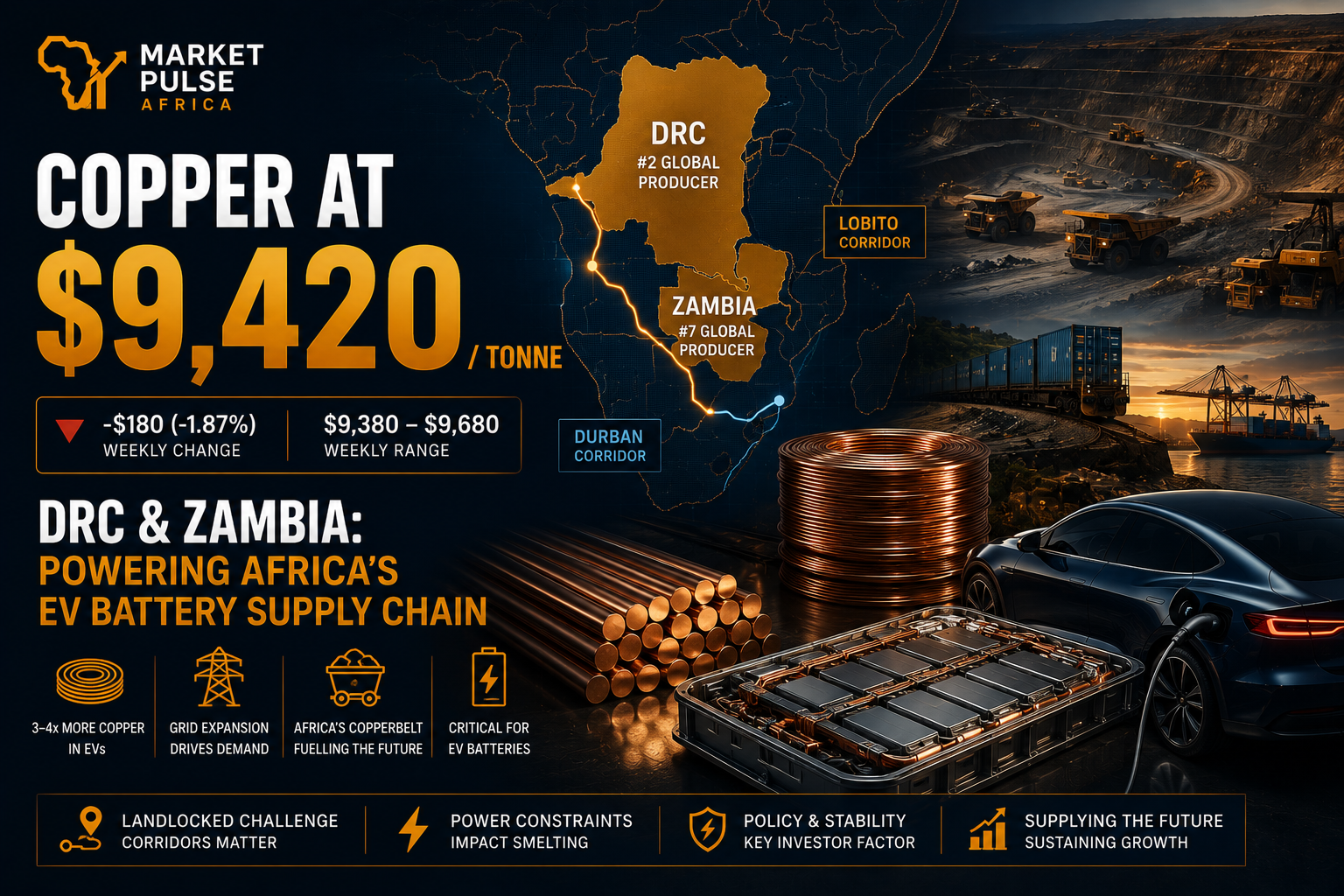 DRC and Zambia copper mining scene with copper coils, an electric vehicle, African map, LME copper price chart, and Lobito Corridor, illustrating Africa’s strategic role in the EV