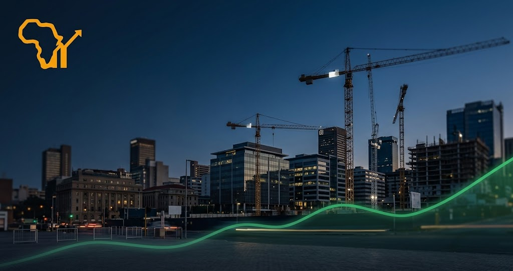 Construction cranes and mid-rise office buildings form a South African city skyline at dusk, with a gently rising line graph overlaid low in the frame.