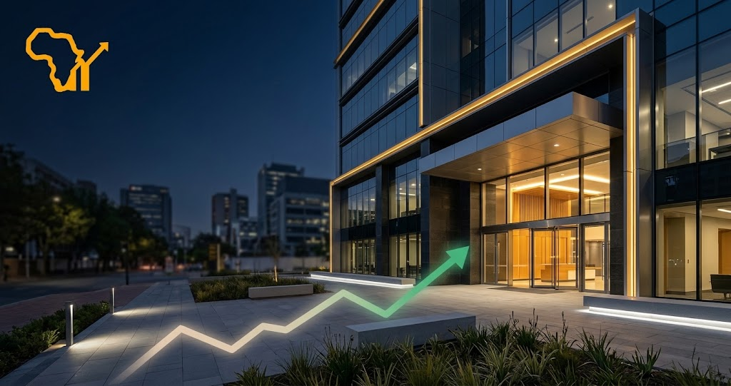 A modern South African bank branch exterior is lit at dusk with clean architectural lines, and a faint