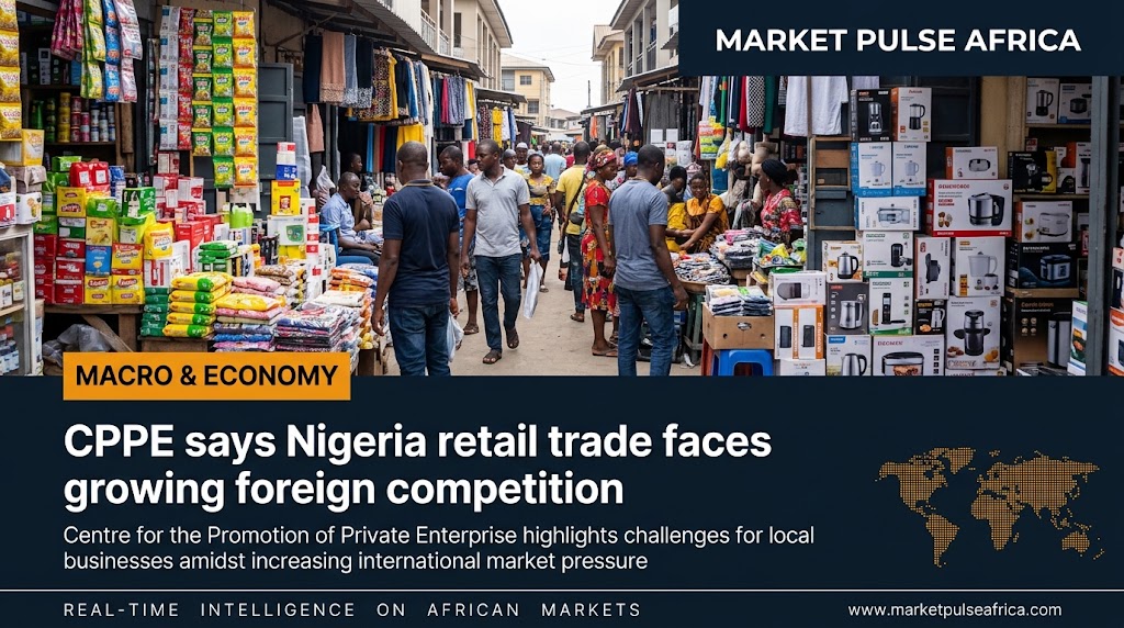 Bustling Nigerian market with retail stalls, representing CPPE's warning about growing foreign competition in the country's retail trade sector