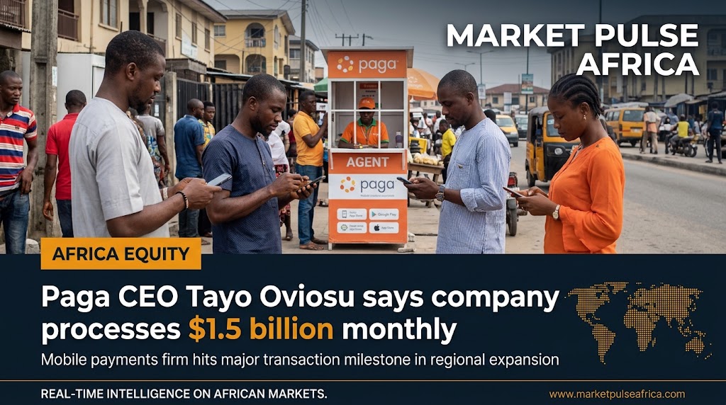 Hand holding a smartphone with a mobile payments app open, representing Paga's disclosure of processing $1.5 billion in monthly transactions.