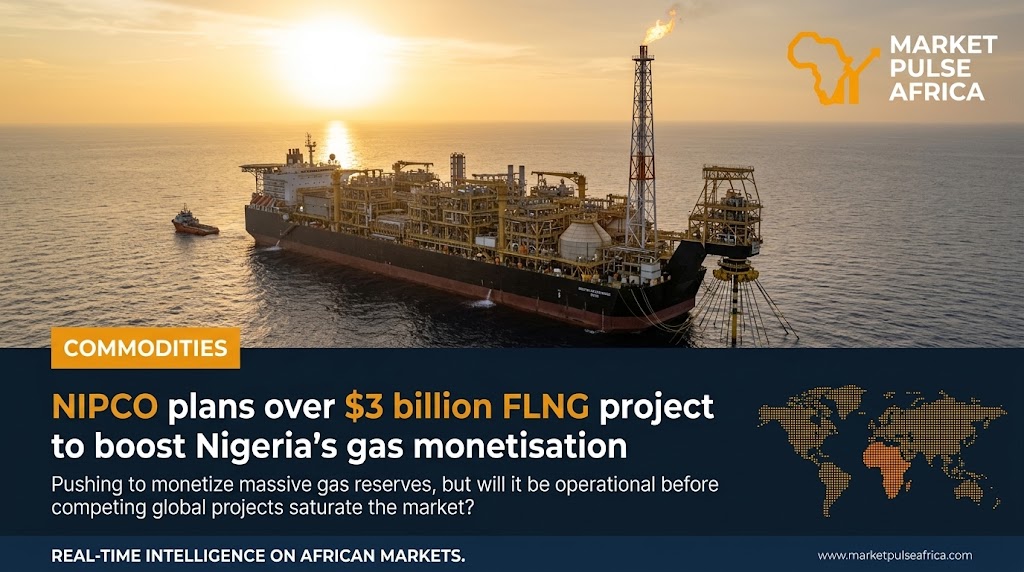 An offshore floating LNG vessel sits on calm ocean water near the Nigerian coast at dusk, with a faint upward investment-trend graph overlaid in the sky.