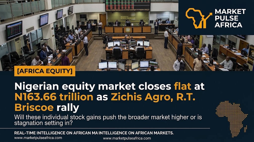 A Nigerian stock exchange trading floor displays a nearly flat benchmark index line alongside sharply rising individual stock tickers, conveying mixed market movement beneath a ste