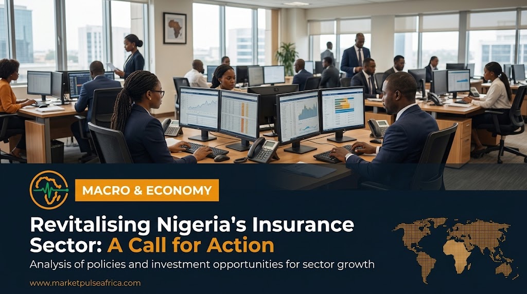 An insurance professional reviews policy documents in a modern Lagos office, with a subtle overlay of a rising capital growth chart and a shield icon representing risk protection.