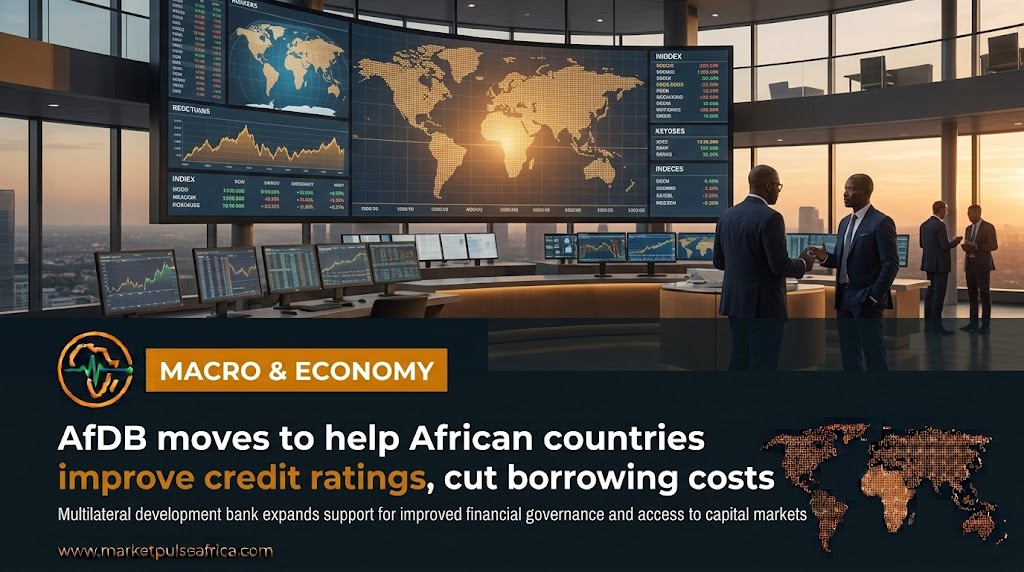 A financial analyst reviews sovereign bond data on a screen in a modern office, with a subtle overlay of a credit rating scale and the African continent outline.