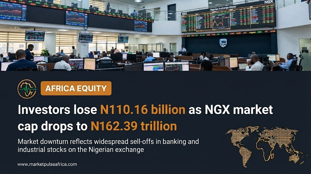 Alt Text: A landscape-format financial news cover image for Market Pulse Africa. The top background is a detailed, daylight photograph of the active Nigerian Exchange (NGX) trading