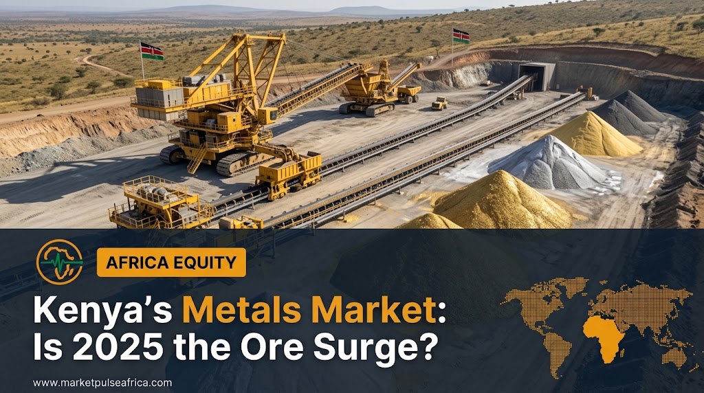 **Alt Text:** A landscape-format financial news cover image for Market Pulse Africa. The top background is a detailed, daylight photograph of a mining site in Kenya with large mach