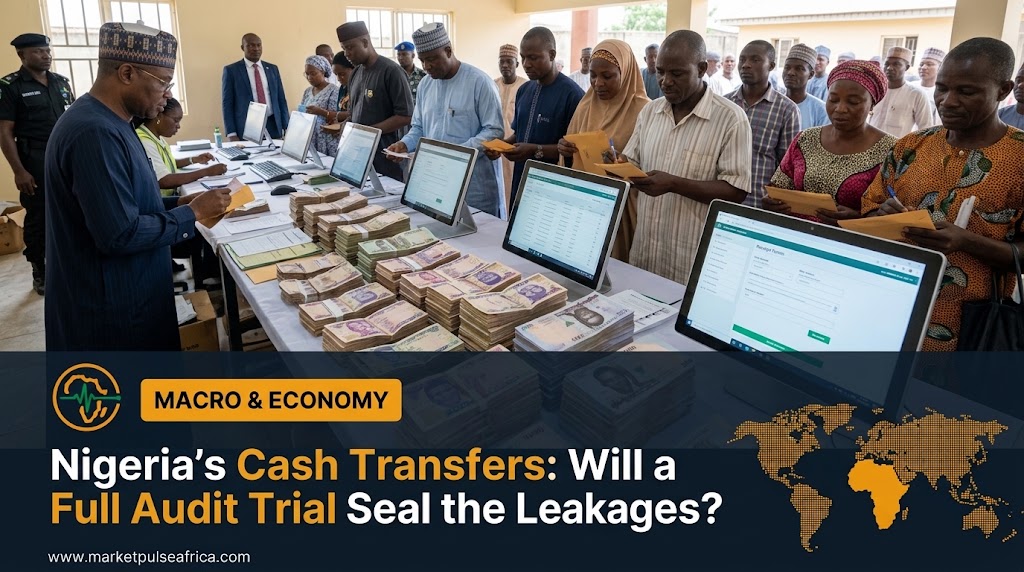 **Alt Text:** A landscape-format financial news cover image for Market Pulse Africa. The top background is a detailed, daylight photograph inside a busy Nigerian cash distribution