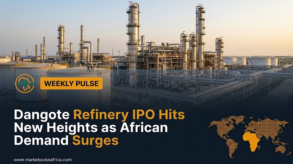 Dangote Petroleum Refinery complex near Lagos with a stock market display and IPO banner, representing the Dangote Refinery IPO extension.