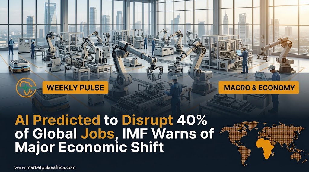 Market Pulse Africa cover card for the article on AI and global jobs, showing the headline and logo over a dark panel with a stylized image of workers and a computer.