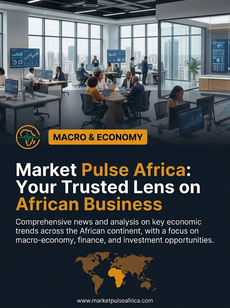 Market Pulse Africa cover card introducing the publication, showing the logo and headline over a dark navy panel with a map of Africa.