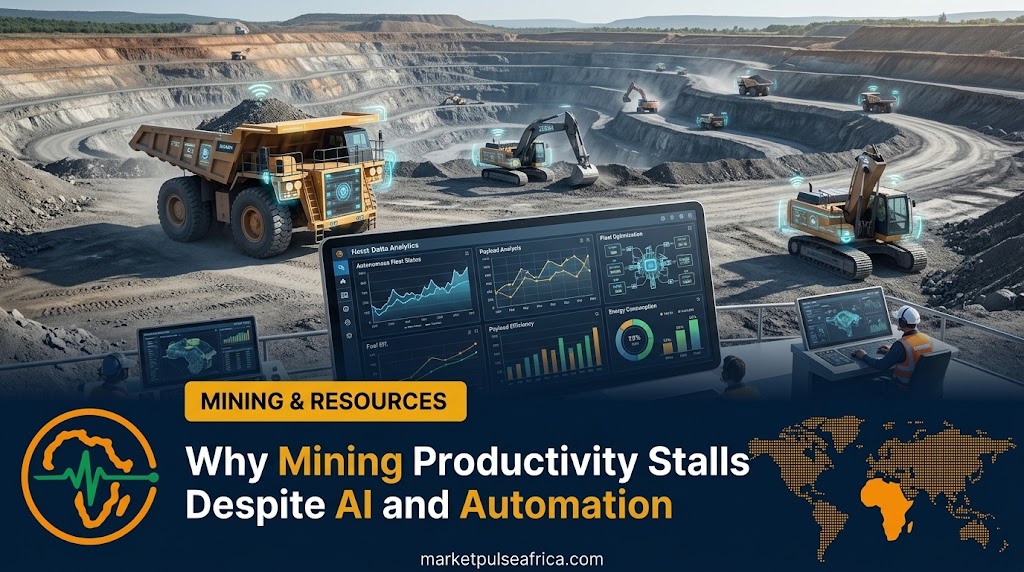 Market Pulse Africa cover card for the mining productivity article, showing the headline and logo over a dark panel with a mining haul truck.