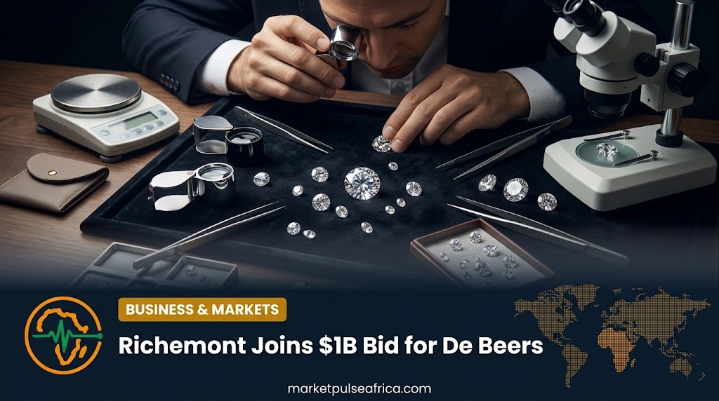 Market Pulse Africa cover card for the De Beers bid article, showing the headline and logo over a dark navy panel with a cut diamond.