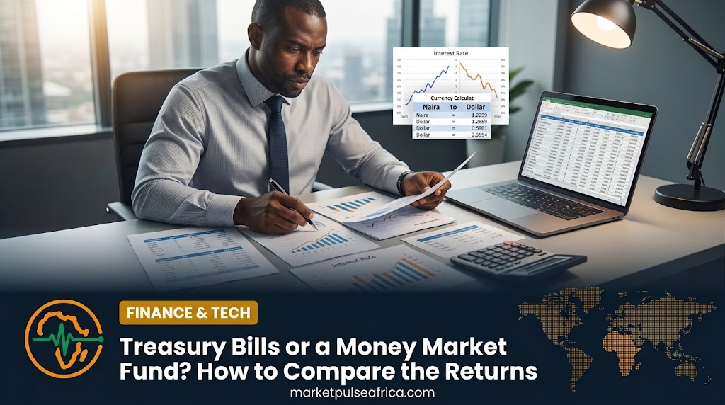 Market Pulse Africa cover card for the Treasury bills article, showing the headline and logo over a dark navy panel with a calculator and bank notes.