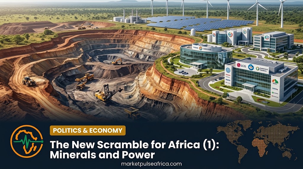Market Pulse Africa cover card for the new scramble for Africa series, showing the headline and logo over a dark navy panel with a map of Africa and mineral ore.